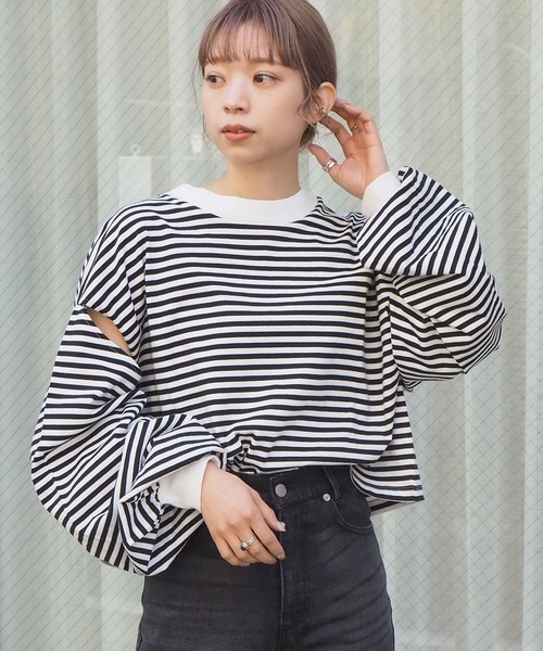 tiptop(ティップトップ)の「スリットデザインモックネックロンT(Tシャツ/カットソー・レディース・オフホワイト/グリーン/スミクロ/A/ダークブルー・FREE)」の5枚目の写真