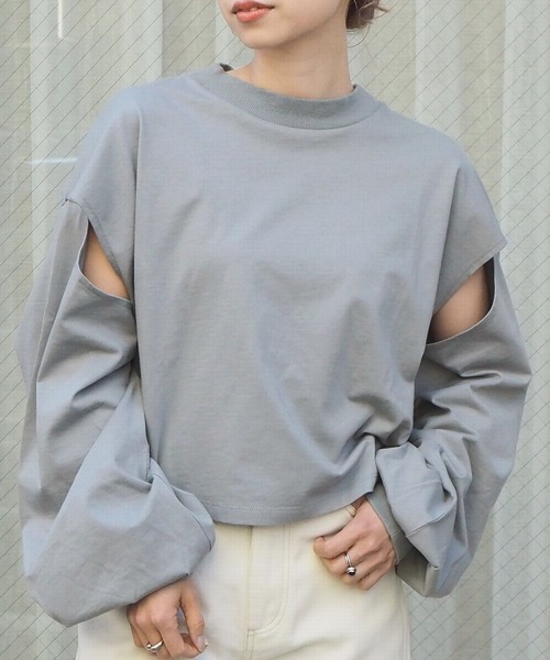 tiptop(ティップトップ)の「スリットデザインモックネックロンT(Tシャツ/カットソー・レディース・オフホワイト/グリーン/スミクロ/A/ダークブルー・FREE)」の3枚目の写真