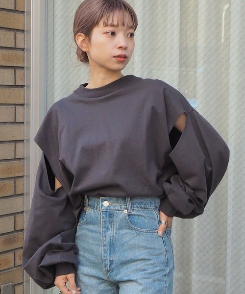 tiptop(ティップトップ)の「スリットデザインモックネックロンT(Tシャツ/カットソー・レディース・オフホワイト/グリーン/スミクロ/A/ダークブルー・FREE)」の9枚目の写真