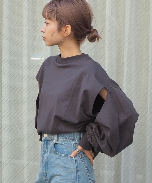 tiptop(ティップトップ)の「スリットデザインモックネックロンT(Tシャツ/カットソー・レディース・オフホワイト/グリーン/スミクロ/A/ダークブルー・FREE)」の11枚目の写真