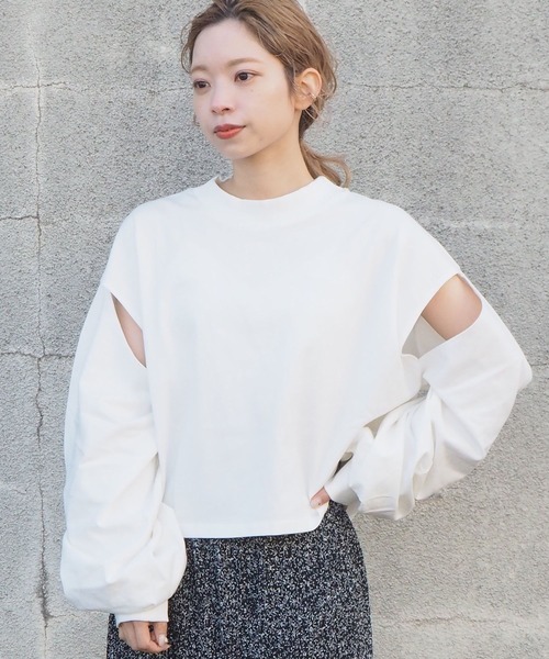 tiptop(ティップトップ)の「スリットデザインモックネックロンT(Tシャツ/カットソー・レディース・オフホワイト/グリーン/スミクロ/A/ダークブルー・FREE)」の6枚目の写真