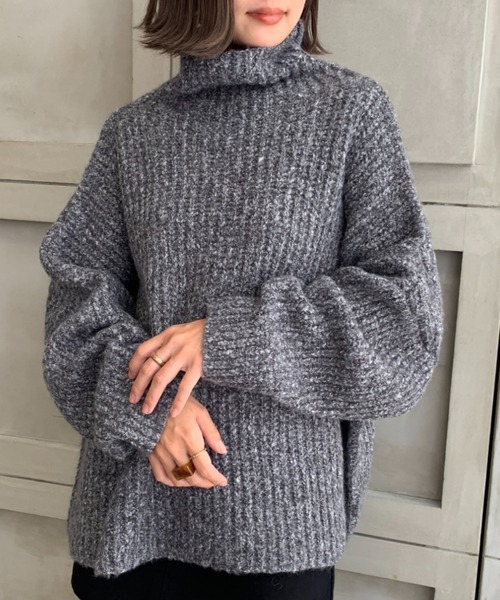 moment+（モーメントプラス）の「3G ウール混ミックスヤーン ボトルネックニットプルオーバー（ニット/セーター・レディース・チャコールグレー/グレー/オレンジ/ブルー/ライトグリーン/アイボリー/モカ・FREE）」の3枚目の写真