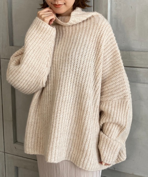 moment+（モーメントプラス）の「3G ウール混ミックスヤーン ボトルネックニットプルオーバー（ニット/セーター・レディース・チャコールグレー/グレー/オレンジ/ブルー/ライトグリーン/アイボリー/モカ・FREE）」の8枚目の写真