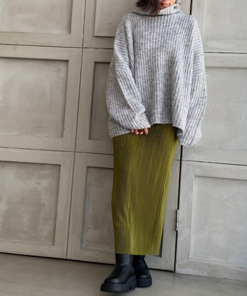 moment+（モーメントプラス）の「3G ウール混ミックスヤーン ボトルネックニットプルオーバー（ニット/セーター・レディース・チャコールグレー/グレー/オレンジ/ブルー/ライトグリーン/アイボリー/モカ・FREE）」の14枚目の写真