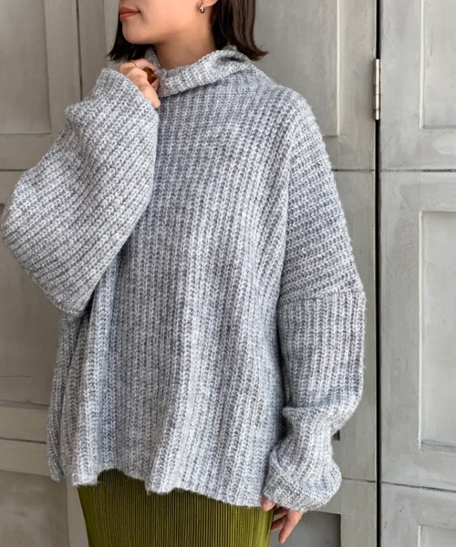 moment+（モーメントプラス）の「3G ウール混ミックスヤーン ボトルネックニットプルオーバー（ニット/セーター・レディース・チャコールグレー/グレー/オレンジ/ブルー/ライトグリーン/アイボリー/モカ・FREE）」の12枚目の写真