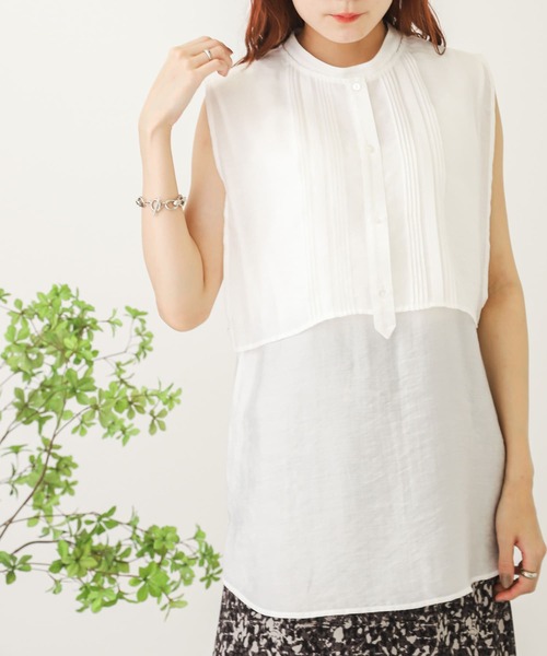 SENSE OF PLACE by URBAN RESEARCH(センスオブプレイスバイアーバンリサーチ)の「ピンタックレイヤードノースリーブシャツ(シャツ/ブラウス・レディース・グリーン/オフホワイト/ブラック・ONE)」の2枚目の写真