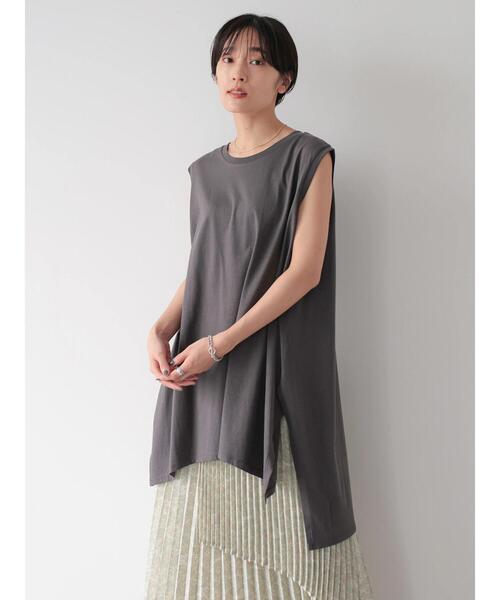 AMERICAN HOLIC(アメリカンホリック)の「前後差ノースリーブカットチュニック(Tシャツ/カットソー・レディース・グレイッシュベージュ/チャコールグレー/オフホワイト/ライトグリーン・L/M)」の6枚目の写真