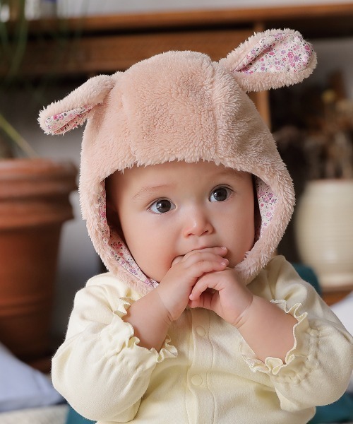 HAKKA BABY（ハッカベビー）の「[ベビー]アニマル耳付ボアニット帽子（ニットキャップ/ビーニー・キッズ・ピンク/オフホワイト/ブラウン/グリーン/キナリ/クリーム・S）」の6枚目の写真