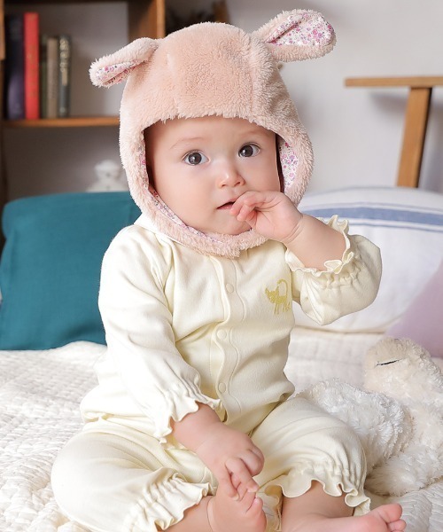 HAKKA BABY（ハッカベビー）の「[ベビー]アニマル耳付ボアニット帽子（ニットキャップ/ビーニー・キッズ・ピンク/オフホワイト/ブラウン/グリーン/キナリ/クリーム・S）」の10枚目の写真