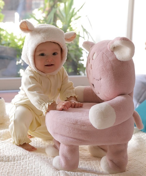 HAKKA BABY（ハッカベビー）の「[ベビー]アニマル耳付ボアニット帽子（ニットキャップ/ビーニー・キッズ・ピンク/オフホワイト/ブラウン/グリーン/キナリ/クリーム・S）」の9枚目の写真