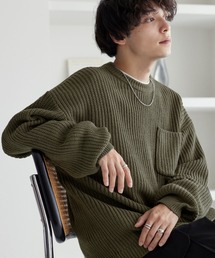 片畦編み ポケット ルーズクルーネックニット