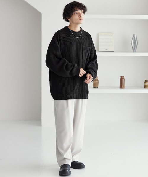 片畦編み ポケット ルーズクルーネックニット MONO-MART│MONO-MART