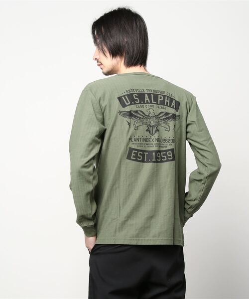 ※ALPHA（アルファ）の「ALPHA アルファ ヘリンボーン プリント ロングスリーブTシャツ（Tシャツ/カットソー・メンズ・ホワイト/ブラック/レッド/カーキ・M/L/XL）」の9枚目の写真