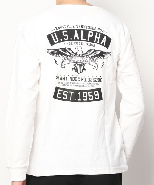 ※ALPHA（アルファ）の「ALPHA アルファ ヘリンボーン プリント ロングスリーブTシャツ（Tシャツ/カットソー・メンズ・ホワイト/ブラック/レッド/カーキ・M/L/XL）」の2枚目の写真