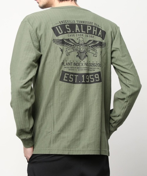 ※ALPHA（アルファ）の「ALPHA アルファ ヘリンボーン プリント ロングスリーブTシャツ（Tシャツ/カットソー・メンズ・ホワイト/ブラック/レッド/カーキ・M/L/XL）」の4枚目の写真