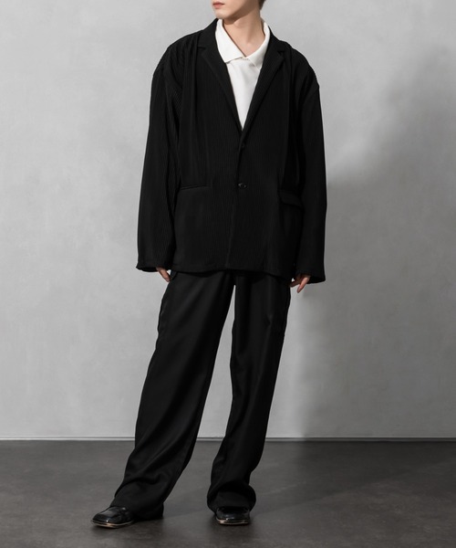 Adoon plain（アドーンプレーン）の「【Adoon plain】プリーツルーズジャケット(セットアップ着用可)（テーラードジャケット・メンズ・ブラック/グレー・MEDIUM/LARGE）」の9枚目の写真