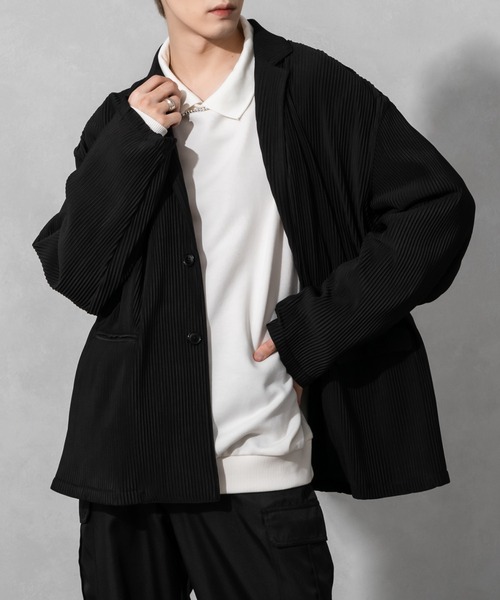Adoon plain（アドーンプレーン）の「【Adoon plain】プリーツルーズジャケット(セットアップ着用可)（テーラードジャケット・メンズ・ブラック/グレー・MEDIUM/LARGE）」の10枚目の写真