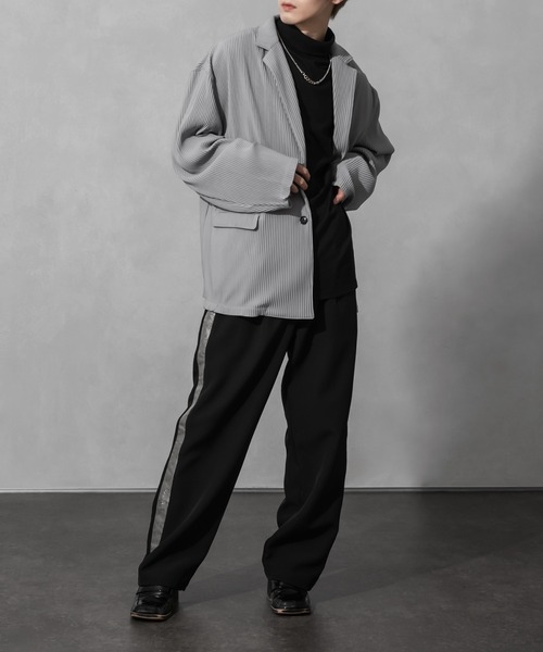 Adoon plain（アドーンプレーン）の「【Adoon plain】プリーツルーズジャケット(セットアップ着用可)（テーラードジャケット・メンズ・ブラック/グレー・MEDIUM/LARGE）」の14枚目の写真