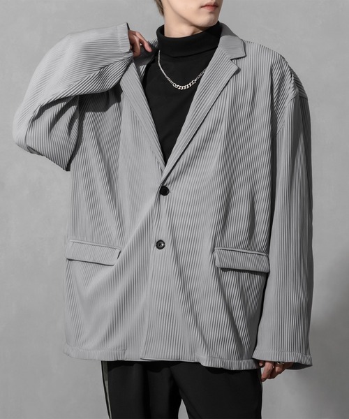 Adoon plain（アドーンプレーン）の「【Adoon plain】プリーツルーズジャケット(セットアップ着用可)（テーラードジャケット・メンズ・ブラック/グレー・MEDIUM/LARGE）」の19枚目の写真