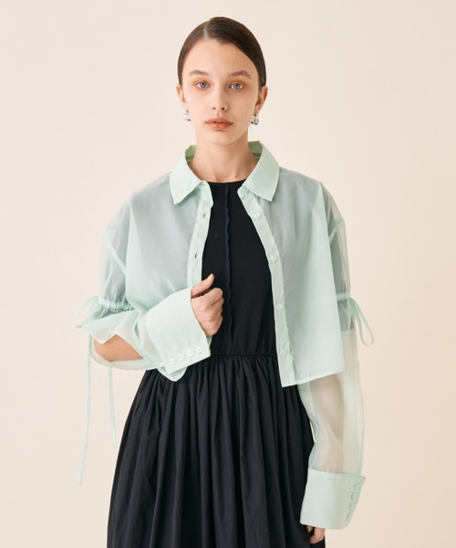 Solace（ソレイス）の「スリーブカットスリットシアーショート丈ボックスシャツ（シャツ/ブラウス・レディース・ブラック/ピンク/ナチュラル/グリーン・FREE）」の5枚目の写真