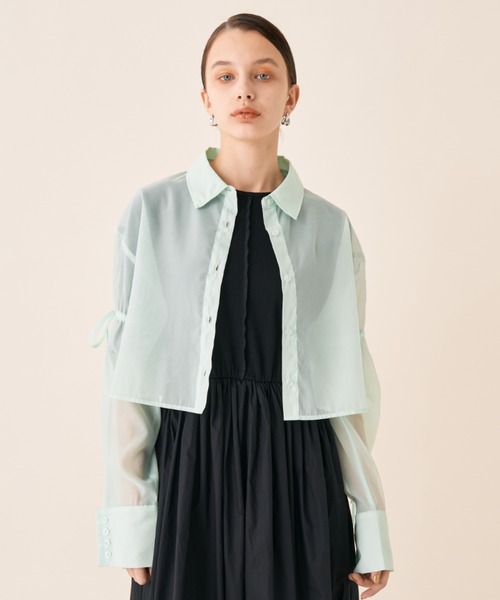 Solace（ソレイス）の「スリーブカットスリットシアーショート丈ボックスシャツ（シャツ/ブラウス・レディース・ブラック/ピンク/ナチュラル/グリーン・FREE）」の9枚目の写真