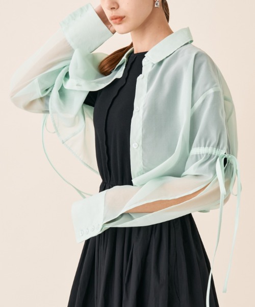 Solace（ソレイス）の「スリーブカットスリットシアーショート丈ボックスシャツ（シャツ/ブラウス・レディース・ブラック/ピンク/ナチュラル/グリーン・FREE）」の12枚目の写真