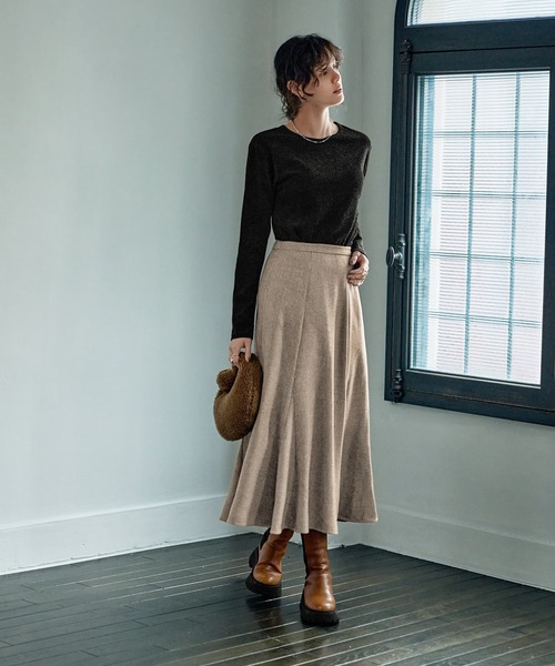 STYLE DELI（スタイルデリ）の「【Made in JAPAN】柄ウール調裾フレアマーメイドスカート（スカート・レディース・ダークブラウン/ベージュ/パープル系・SMALL/MEDIUM）」の7枚目の写真