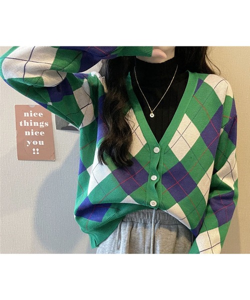 RUUX(ルーフ)の「アーガイル ニット カーディガン(カーディガン/ボレロ・レディース・ベージュ/ブラック/ピンク/グリーン・FREE)」の6枚目の写真