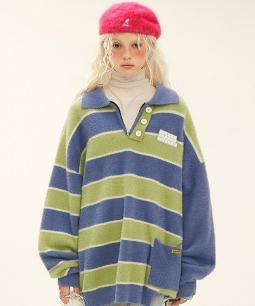 MAMC（エムエーエムシー）の「A'GEM/9 × .kom『MAMC/エムエーエムエーシー』ボーダーカラーニット（ニット/セーター・メンズ・ブルー/ブラウン・L）」の2枚目の写真