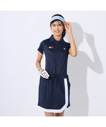 FILA GOLF/フィラゴルフ ゴルフウェア 吸汗速乾 UVカット ストレッチ ウエスト調整可能 筆記体 スキッパー 半袖 ミニ丈 ワンピース