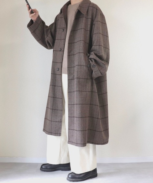 INTER FACTORY（インターファクトリー）の「ファッションインフルエンサー DAISUKE - ワイドアームチェックバルマカーンコート（ステンカラーコート・メンズ・ブラウン・SMALL/MEDIUM/LARGE）」の12枚目の写真