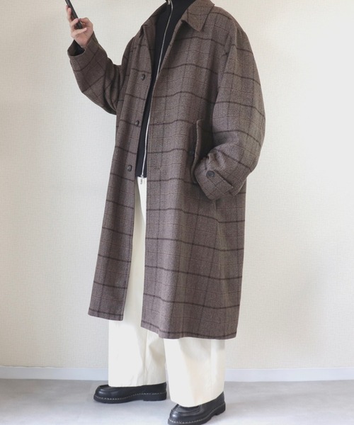 INTER FACTORY（インターファクトリー）の「ファッションインフルエンサー DAISUKE - ワイドアームチェックバルマカーンコート（ステンカラーコート・メンズ・ブラウン・SMALL/MEDIUM/LARGE）」の13枚目の写真