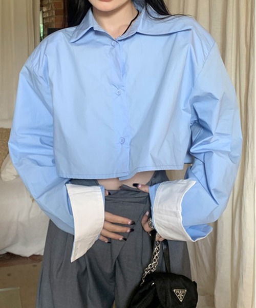 【新品タグ付】cccmalie ショート丈長袖ブラウス　サックスブルー Chick（チック）の「By Color Short Shirt / バイカラーショート