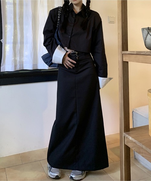 Chick(チック)の「By Color Short Shirt / バイカラーショート丈シャツ クロップド丈(シャツ/ブラウス・レディース・ホワイト/ブラック/ブルー・FREE)」の6枚目の写真