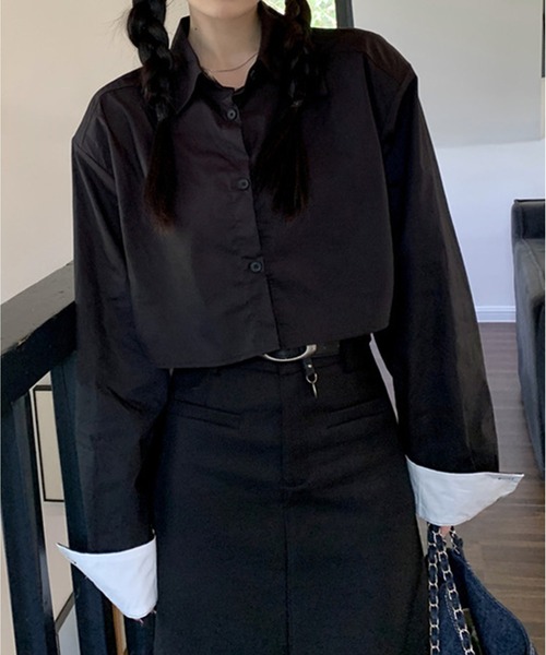 Chick(チック)の「By Color Short Shirt / バイカラーショート丈シャツ クロップド丈(シャツ/ブラウス・レディース・ホワイト/ブラック/ブルー・FREE)」の19枚目の写真