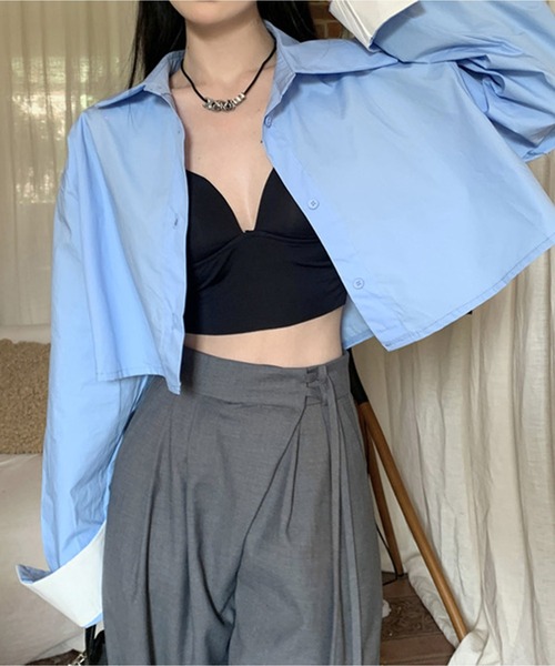 Chick(チック)の「By Color Short Shirt / バイカラーショート丈シャツ クロップド丈(シャツ/ブラウス・レディース・ホワイト/ブラック/ブルー・FREE)」の14枚目の写真