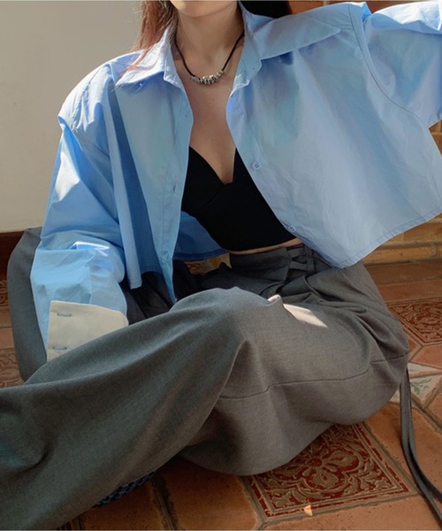 Chick(チック)の「By Color Short Shirt / バイカラーショート丈シャツ クロップド丈(シャツ/ブラウス・レディース・ホワイト/ブラック/ブルー・FREE)」の12枚目の写真