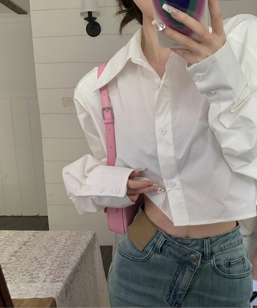 Chick(チック)の「By Color Short Shirt / バイカラーショート丈シャツ クロップド丈(シャツ/ブラウス・レディース・ホワイト/ブラック/ブルー・FREE)」の7枚目の写真