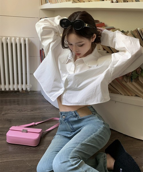 Chick(チック)の「By Color Short Shirt / バイカラーショート丈シャツ クロップド丈(シャツ/ブラウス・レディース・ホワイト/ブラック/ブルー・FREE)」の18枚目の写真