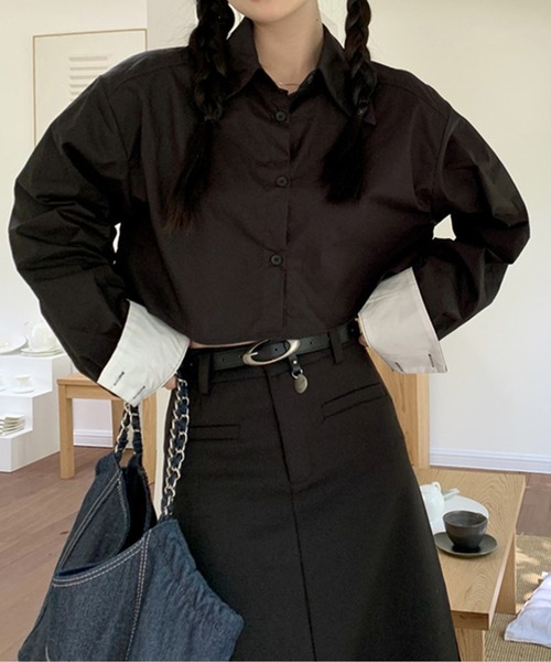 Chick(チック)の「By Color Short Shirt / バイカラーショート丈シャツ クロップド丈(シャツ/ブラウス・レディース・ホワイト/ブラック/ブルー・FREE)」の9枚目の写真