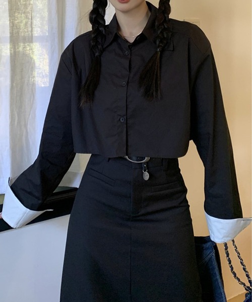 Chick(チック)の「By Color Short Shirt / バイカラーショート丈シャツ クロップド丈(シャツ/ブラウス・レディース・ホワイト/ブラック/ブルー・FREE)」の13枚目の写真