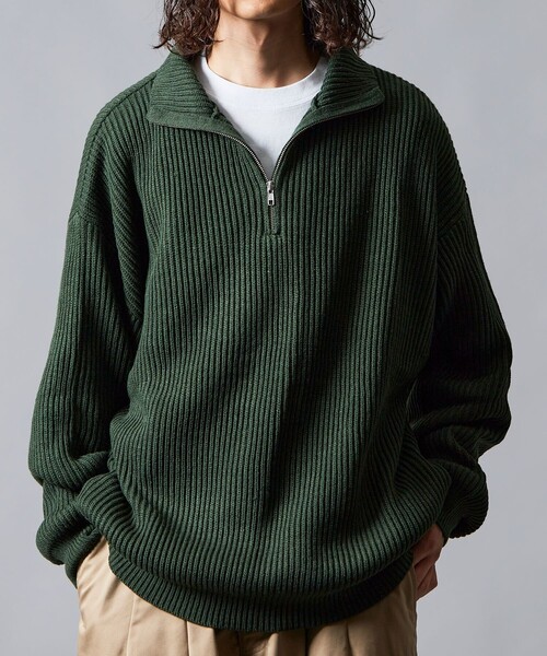 デニムと STONE 裏メリヤス編 ロゴ ハーフジップ ニット セール】限定展開 ビッグシルエット 畦編み ハーフジップニット