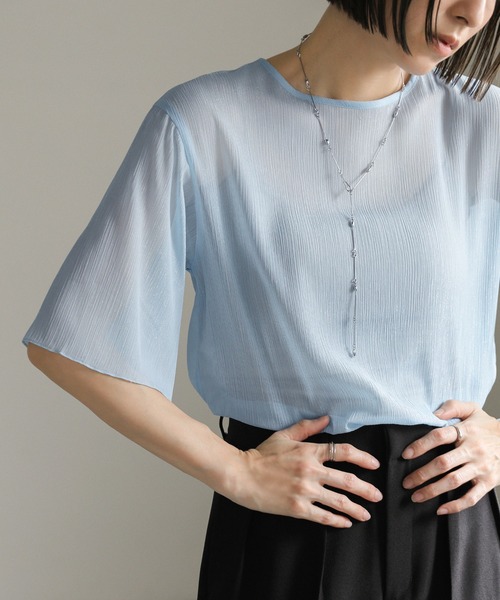 select MOCA（セレクトモカ）の「ラメシアーハーフスリーブブラウス（シャツ/ブラウス・レディース・ライトグレー/ライトグリーン/アイボリー/サックスブルー・FREE）」の4枚目の写真