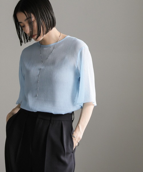 select MOCA（セレクトモカ）の「ラメシアーハーフスリーブブラウス（シャツ/ブラウス・レディース・ライトグレー/ライトグリーン/アイボリー/サックスブルー・FREE）」の9枚目の写真