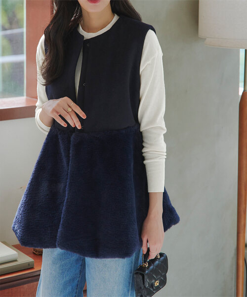 KOBE LETTUCE（コウベレタス）の「フェイクウール×ファーペプラムベスト（ベスト・レディース・ホワイト系/グレー/ブラック/ネイビー/ブラウン・M）」の5枚目の写真