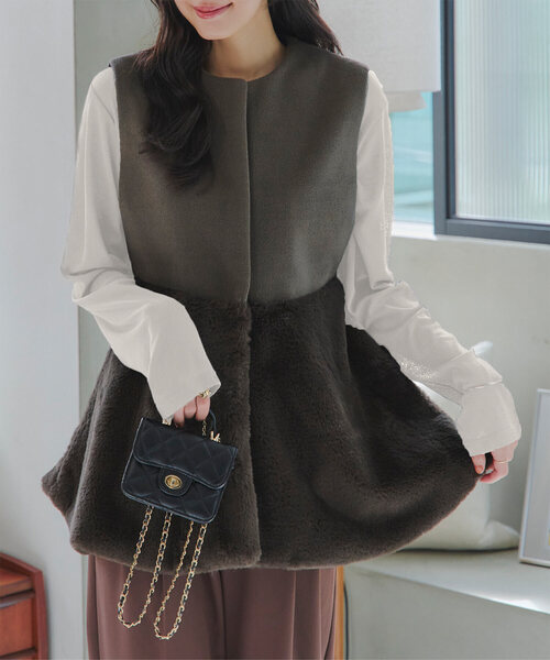 セール】フェイクウール×ファーペプラムベスト（ベスト）｜KOBE