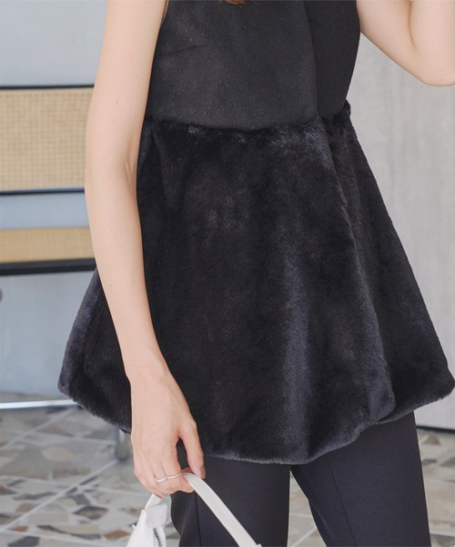 KOBE LETTUCE（コウベレタス）の「フェイクウール×ファーペプラムベスト（ベスト・レディース・ホワイト系/グレー/ブラック/ネイビー/ブラウン・M）」の6枚目の写真