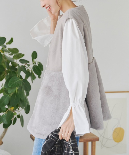 KOBE LETTUCE（コウベレタス）の「フェイクウール×ファーペプラムベスト（ベスト・レディース・ホワイト系/グレー/ブラック/ネイビー/ブラウン・M）」の9枚目の写真