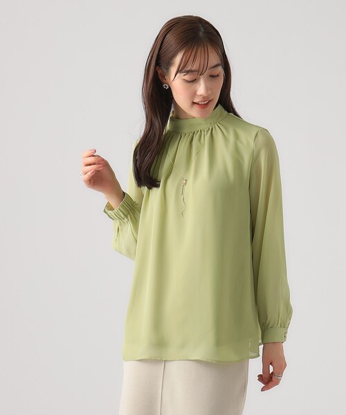 DRESKIP（ドレスキップ）の「◆【無理せずキレイ/イージーケア】上品なシアー感 アソート幾何柄 ハイネックブラウス（シャツ/ブラウス・レディース・ライトグリーン/アイボリー/ブラック系/ホワイト系3・02/03/04）」の9枚目の写真