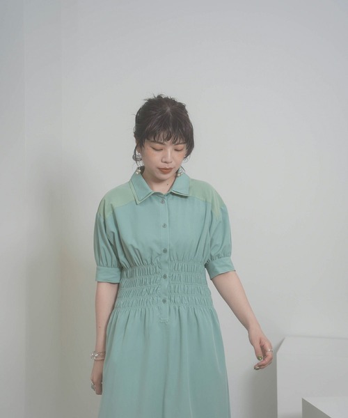 mimi toujours（ミミトゥジュール）の「ダブルカラー シャーリング シャツ ワンピース mimi toujours×itsPeachi（ワンピース・レディース・クリーム/ミント・M）」の6枚目の写真